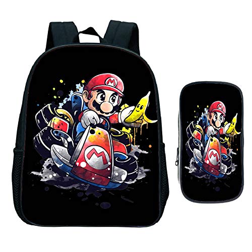 Mochila Escolar de jardín de Infantes, Niños Super Mario Smash Bros Kids Cartoon Anime Mochila Primaria Regalo, 2 Piezas Set Bookbag con Bolsa de bolígrafo