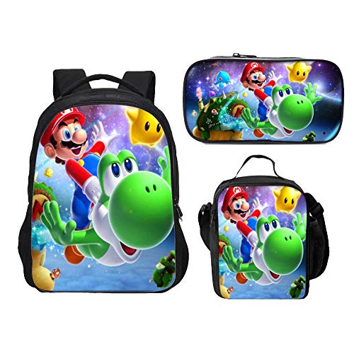 Mochila Super Mario para niños, niñas Adolescentes Mochila Niños Super Mario Bros Mochilas Escolares Bolsas para Almuerzo Estuche para lápices Juego de 3 Piezas