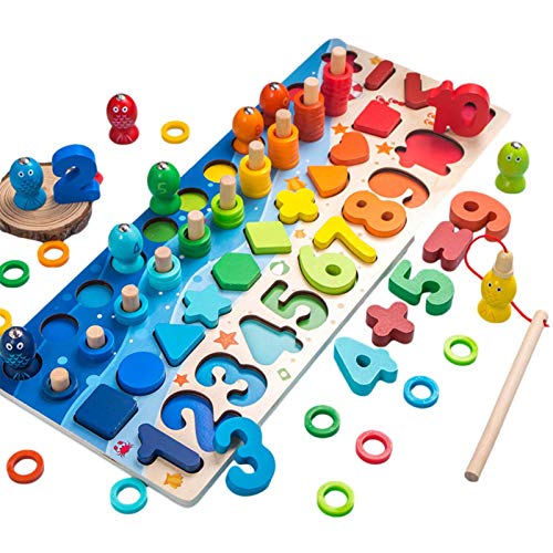 Montessori - Juego educativo de pesca magnética, juguete educativo con bloques de construcción en forma de número de madera Montessori para aprender matemáticas, contar y aprender los colores