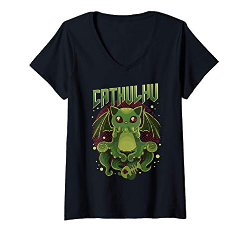 Mujer Cute & Funny Cathulhu Kawaii Cat Cthulhu Camiseta Cuello V