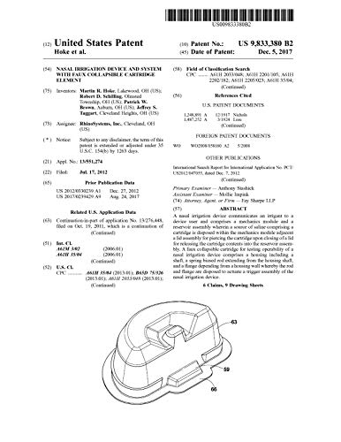 Nasal irrigation device and system with faux collapsible cartridge element: United States Patent 9833380 (English Edition)