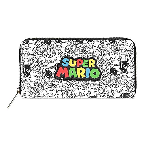 Nintendo Super Mario Bros. Logo with All-Over Villain Characters Print Zip Around Purse Wallet, Accesorio de Viaje- Billetera Plegable para Mujer, White