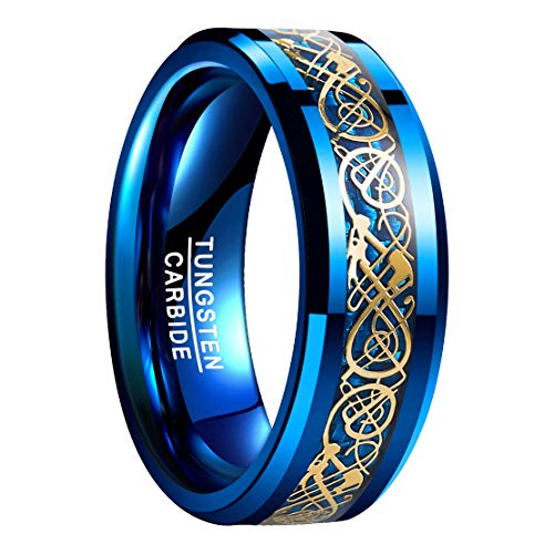 NUNCAD Anillo Mujer Hombre Unisex de Tungsteno Azul con Dragón Celta y Fibras de Carbono 8mm para Moda Boda Compromiso Cumpleaños Talla 57 (Diámetro Interior 18,1mm)