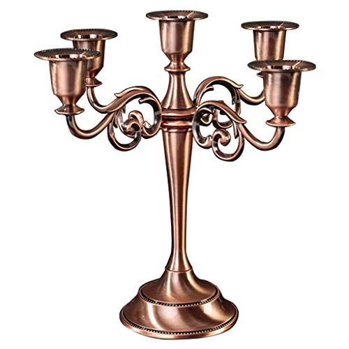 NYKK Portavelas Candelabro Elegante Europeo con 5-Madre Holder .Metal Candelabro Retro de la palmatoria for la luz de Las Velas Cena y decoración de la Tabla (Color : Red Copper)