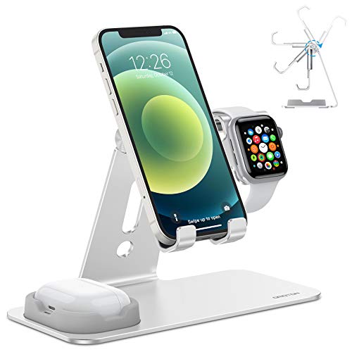 OMOTON Soporte 3 en 1, Soporte Móvil y Reloj Ajustable de Aluminio y Base Estable para Apple Watch SE/6/5/4/3/2/1 Modo de Mesita de Noche, Airpods Pro/2/1,iPhone 12/11/11Pro/XS/SE 2020/XS/XR, Plata