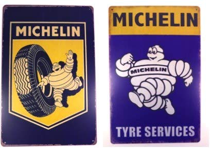 OPO 10 - Conjunto de 2 Placas metálicas Michelin, con Efecto Envejecido, tamaño de Cada Placa: 30x20 cms