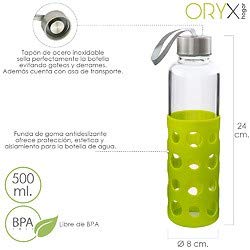 ORYX 5075055 Botella Agua Fabricada En Cristal con Funda De Goma y Tapon Antigotas, 500ml, Libre de BPA, Vidrio de borosilicato, Plateado