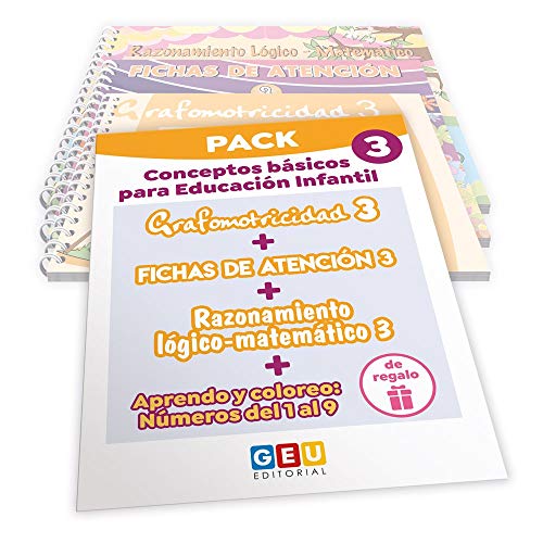 Pack Conceptos básicos Educación Infantil 3 | Editorial Geu | mejora la atención Grafomotricidad y preescritura | Desarrolla Razonamiento matemático (Niños de 3 a 5 años)