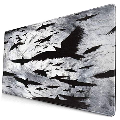 PANILUR Alfombrilla Gaming,Pintura al óleo Pintada a Mano artística en Blanco y Negro,bandada de Cuervos Volando en el Cielo,con Base de Goma Antideslizante,750×400×3mm