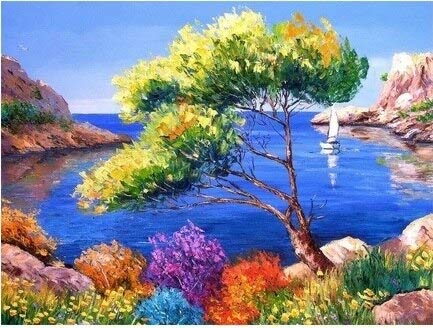 Pintura por números Paisaje costero para colorear por números en lienzo Pintura al óleo pintada a mano Paisaje Lienzo Conjunto de pared Decoración para el hogar A7 60x80cm