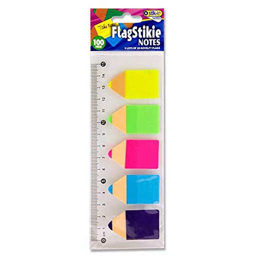 Premier Stationery Stik-ie - Marcadores de página en forma de lápiz sobre regla práctica (100 unidades, 5 x 20 banderas).