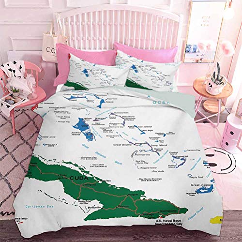 Premium Bedding Collection Bahamas Mapa Playa Islas Caimán Geografía Distrito Vacaciones Turismo (3 piezas, tamaño individual) Juego de funda de edredón de 3 piezas