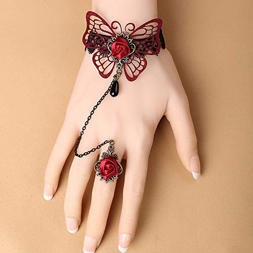 Pulsera de encaje de mariposa roja de corte exquisito vintage con mango femenino de anillo, 2 piezas