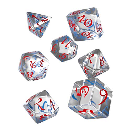 Q Workshop Classic Translucent & Blue-Red RPG Ornamented Dice Set 7 polyhedral Pieces