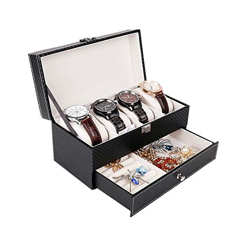 QuRRong Caja de Almacenamiento de Reloj Lámina De Fibra De Carbono Casete De Cuero 4 Dobles Joyería De Calidad Gafas De Caja De Almacenamiento De Collar De La PU para Hombres o Mujeres