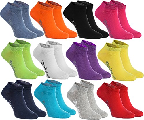 Rainbow Socks - Hombre Mujer Calcetines Cortos Colores de Algodón - 12 Pares - Negro Blanco Gris Púrpura Azul Marino Azul de Vaqueros Naranja Rojo Amarillo Verde de Mar Merde Fucsia - Talla 39-41