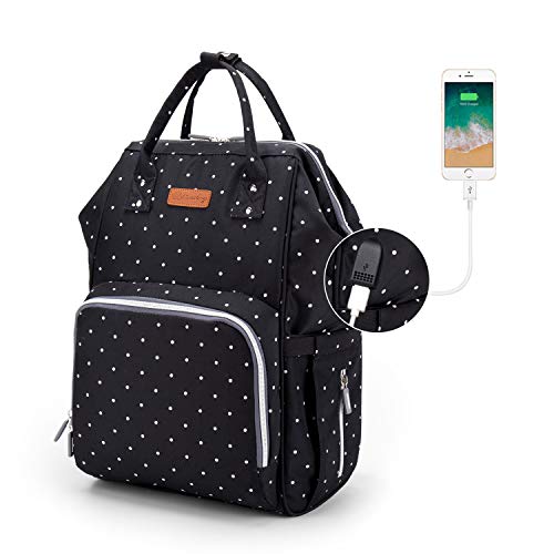 Ramotto Mochila de Pañales, Bolsa de Pañales Multifuncional de Gran Capacidad, Bolsos Cambiadores Pañales con USB Puerto de Carga 2 Ganchos de Cochecito y Bolsa de Preservación de Calor (Negrodot)