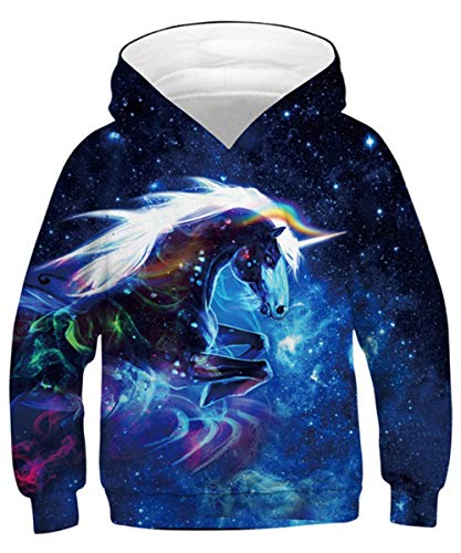 Rave on Friday Unicornio Sudadera con Capucha Unisexo 3D Impreso Hoodie Novedad Galaxia Pullover Animal Modelo Manga Larga Jumper para Niños Niñas M (8-11 Años, 125-145 cm)