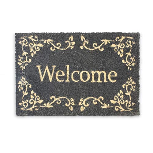 Relaxdays – Felpudo “Welcome” con Elementos Florales para la Entrada de su hogar Hecho de Fibras de Coco y PVC con Medidas 40 x 60 cm Antideslizante Elemento Decorativo, Color Negro