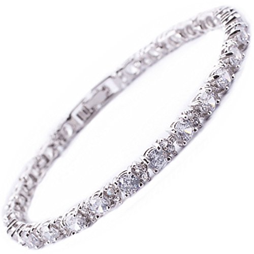 Rizilia Eternidad Tenis Pulsera [18cm/7inch] con Corte Redondo Piedras Preciosas Circonita CZ [Topacio Blanco] en 18K Chapado en Oro Blanco, Elegancia Moderna Sencillo