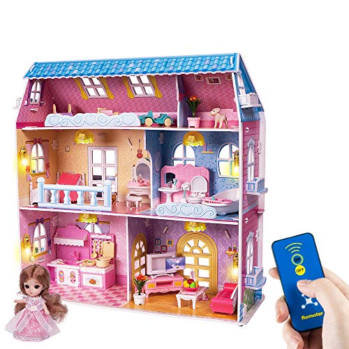 RuiDaXiang Casa de muñecas, Muebles y Luces de Control Remoto, 6 Habitaciones en Tres Pisos, Juguete de casa de muñecas para niñas de 3 a 6 años