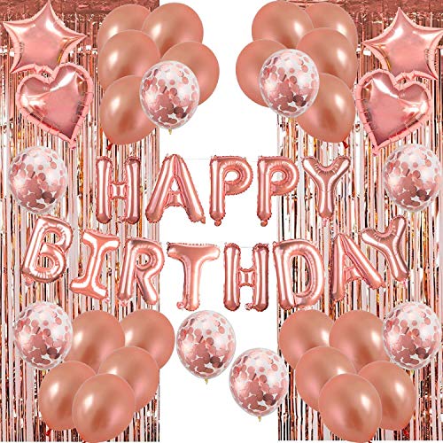 Set 49 Pack de decoraciones para fiestas de globos de cumpleaños de oro rosa, Suministro de fiesta de 46 piezas Con Banner de cumpleaños oropel metálico Pancarta Bunting de confeti Globos de aluminio