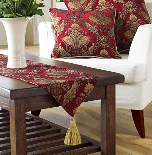 Shiraz Camino de mesa – Borgoña rojo y dorado – Jacquard damasco bordado – Forro antideslizante – Borlas – 100% poliéster – 33 x 230 cm – Fabricado por Riva Paoletti – Diseñado en el Reino Unido