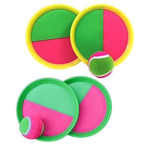 SIMUER Juego de Bolas de Lanzamiento y Captura, Juego de Paletas de Capturadores y Pelota Deportiva de Paddle Catch Bat Ball, 4 Paletas y 2 Bolas, Adecuado para Deportes, Playa,Amarillo + Verde