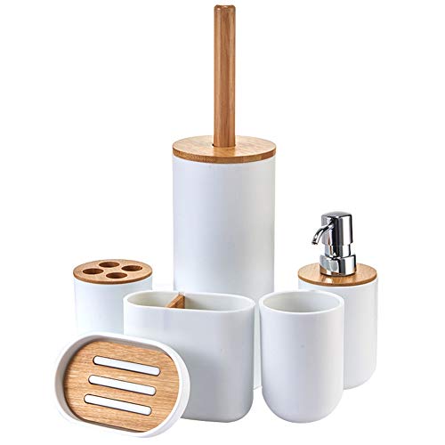 Skysep Baño Set de Baño 6 Piezas Plástico PP no Tóxico Gris con Dispensador de Jabón,Vaso para Cepillo de Dientes,Soporte para Cepillo de Dientes,Jabonera y Escobilla para Inodoro