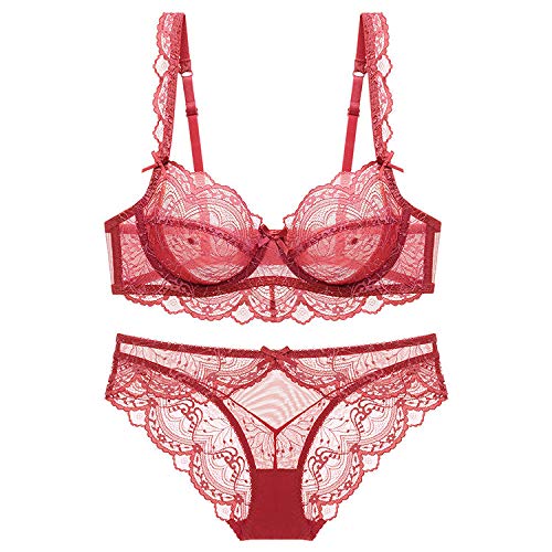 Sostén Conjunto De Ropa Interior De Encaje Transparente Ultrafino Conjunto Sujetador Sexy Sujetador De Ladrillo Red_80B