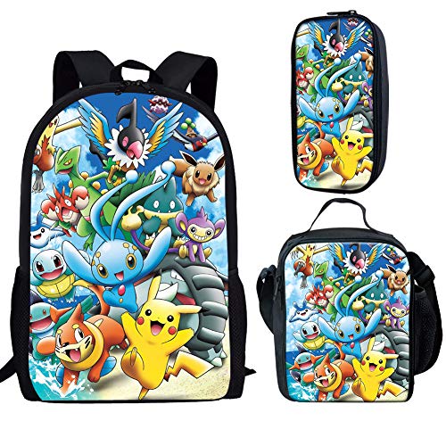 spArt Mochila escolar con estampado de anime Pikachu para niños y niñas, bolsa de hombro, lonchera, bolsa de lápices, juego de 3 piezas, Pikachu A6 (Multicolor) - sp-cgk