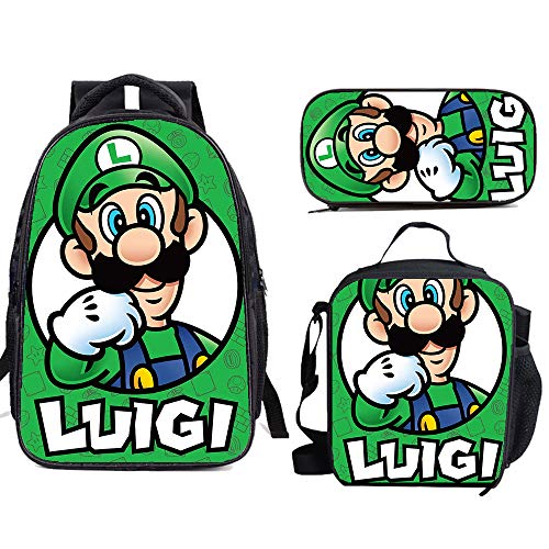 Su-Per Ma-Rio - Juego de mochila escolar con bolsa de almuerzo y estuche ligero para viajes, para niños y niñas