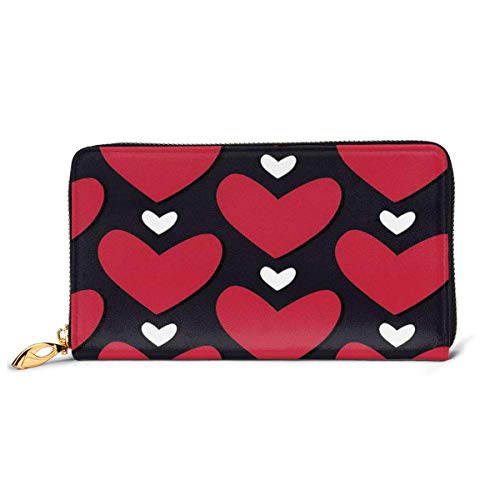 Tarjetero Largo de Cuero para Mujer Monedero Cremallera Hebilla Elegante Cartera de Mano, Románticas Formas de corazón Doodle Love Theme Aniversario Ilustración artística, Elegante y de