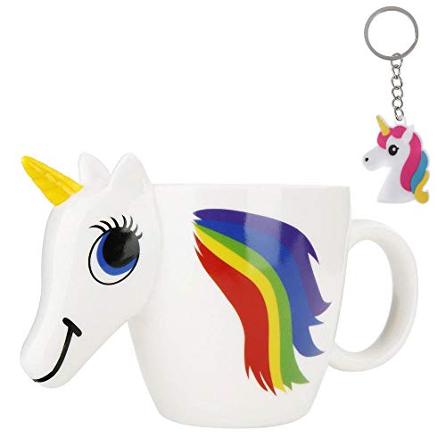 Taza de Unicornio 3D que Cambia de Color - Mágica Cerámica Sensible al Calor Cambia Cuando Está Caliente - Fabuloso de Hadas Regalos para Niños, Niñas, Mujeres, Hombres - 300 ml + llavero de unicornio