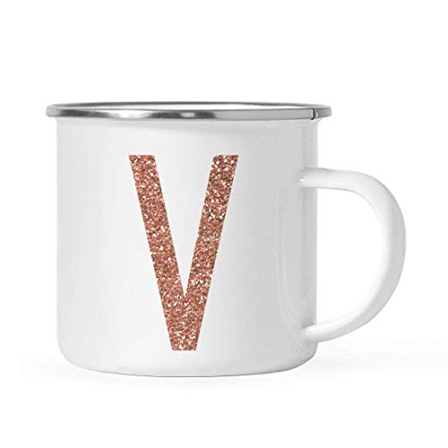 Tazas 11oz. Regalo de taza de camping de metal, monograma de brillo de oro rosa de imitación Letra inicial V, cumpleaños Navidad al aire libre Esmalte Copa de fogata