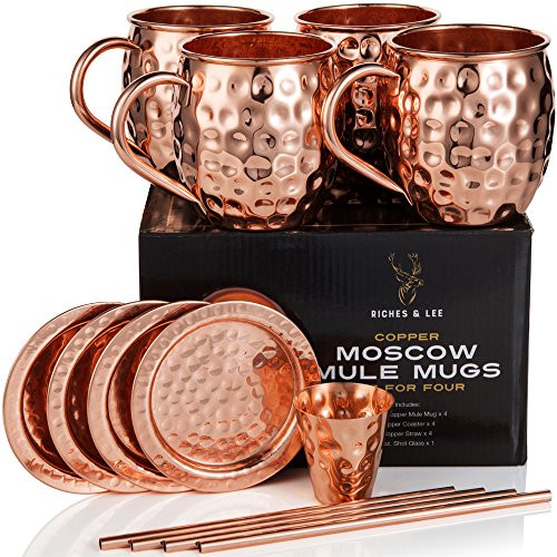 Tazas de Cobre de Moscow Mule Juego de Cuatro Incluye 4 x Tazas de 18 Onzas 4 x Posavasos 4 x Sorbetes 1 x Vaso/Copa de Shot en Caja de Regalo