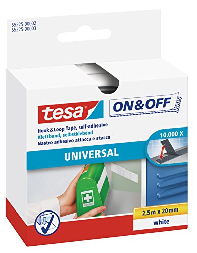 tesa 55225-00002-01 55225-00002-01-Cinta de Cierre Uso Universal ON&Off-2,5m x 20mm, Blanco, Not_applicable, 2.5mx20mm