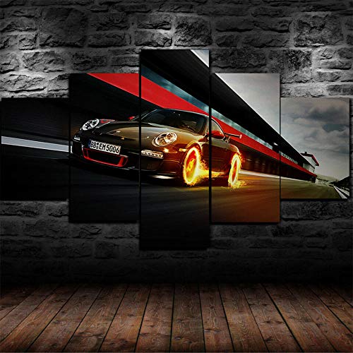 TOPRUN Cuadro Moderno En Lienzo 5 Piezas XXL Coche Deportivo Porsch GT3 RS HD Abstracta Pared Imágenes Modulares Sala De Estar Dormitorios Decoración para El Hogar 200X100Cm