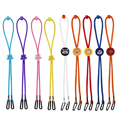 TOYMIS 9 Piezas Cordón Ajustable para Máscara para Niños, Extensores de Correa de Cordón, Clips Elásticos para Babero y Servilletero Perchas de Cuello Antipérdida - 4 Flores + 5 Animales