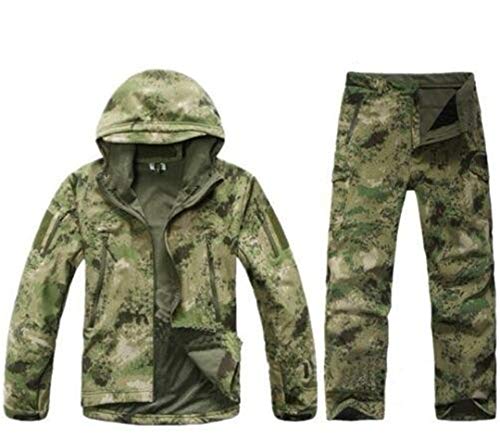 UJDKCF Hombres tácticos Impermeable Chaqueta Suave Pantalones Traje Caza Senderismo Conjuntos de Camuflaje Green Ruins M 170-175