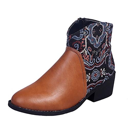 UMore Botines Mujer Chelsea Botas Cuero Bajo Bloque Tacón Botas Invierno Retro Bohemio Nieve Botas Antideslizante Empalme Estilo Cremallera