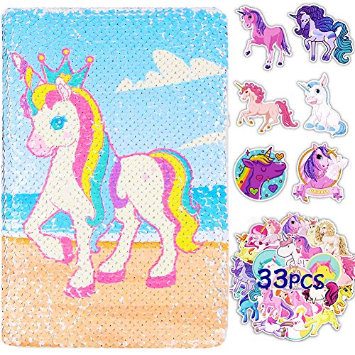 Unicorn Notebook - WENTS Unicornio Lentejuelas Cuaderno Reversibl Diario de Lentejuelas Mágicas y 33 PCS Pegatinas Unicornio Para Oficina Escuela Regalos