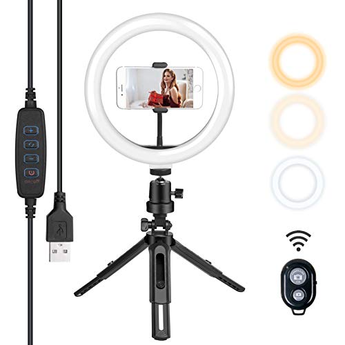 Vicloon Luz de Anillo LED 10", Trípode con Soporte de teléfono & Control Remoto Bluetooth, 3 Colores 10 Brillos Regulables, Aro de Luz para Maquillaje, Selfie, Youtube, TIK Tok