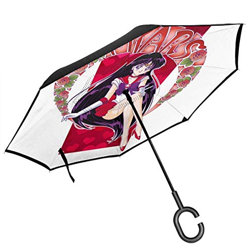 Virgil Frank Sailor Mars Sailor Moon - Paraguas invertido de Doble Capa para Coche, Manos en Forma de C, Plegables hacia atrás, al revés, Ligero y a Prueba de Viento