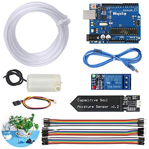 WayinTop Sistema de Riego Automático DIY Kit para Arduino, Desarrollo Placa + 1 Canal 5V Relé Módulo + Sensor de Humedad del Suelo + Mini Bomba de Agua DC 3V 5V + 1M Tubería de Agua PVC + Jumper Cable