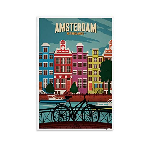 WERTF Póster vintage de viaje Amsterdam Países Bajos sobre lienzo y arte de pared, impresión moderna para decoración de dormitorio familiar (20 x 30 cm)