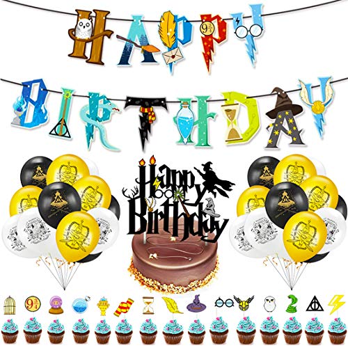 Wizard Inspired Cupcake Toppers BETOY 37PCS Cupcake Toppers cumpleaños Decoracion de Fiesta Mago Estandarte de cumpleaños globo