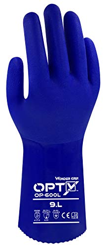 Wonder Grip OP-600L Opty - Guantes de protección química, a los ácidos, triple revestimiento de PVC; protección antideslizantes para la resistencia a los aceites, el cloro y el butilo; L / 9