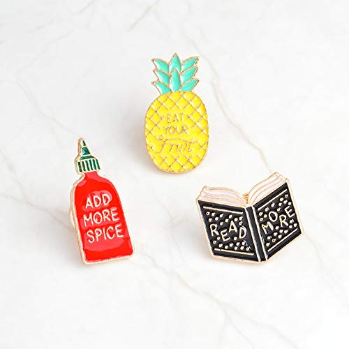 XIAODAN 3 unids/Set piña de Dibujos Animados Comer TU Fruta AÑADIR MÁS Especias Leer MÁS Broche Chaqueta Vaquera Pin Insignia Joyería de Moda Regalo para niños