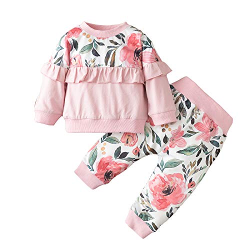 Yinuoday Jersey de Bebé Niña 2 Unids/Set Trajes Florales de Niña Pequeña Sudadera con Capucha de Manga Larga + Pantalones para Edades de 0 a 18 M